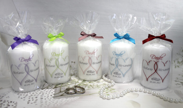 Gastgeschenk Kerze zur Hochzeit "2 Herzen" personalisiert, Design 10001