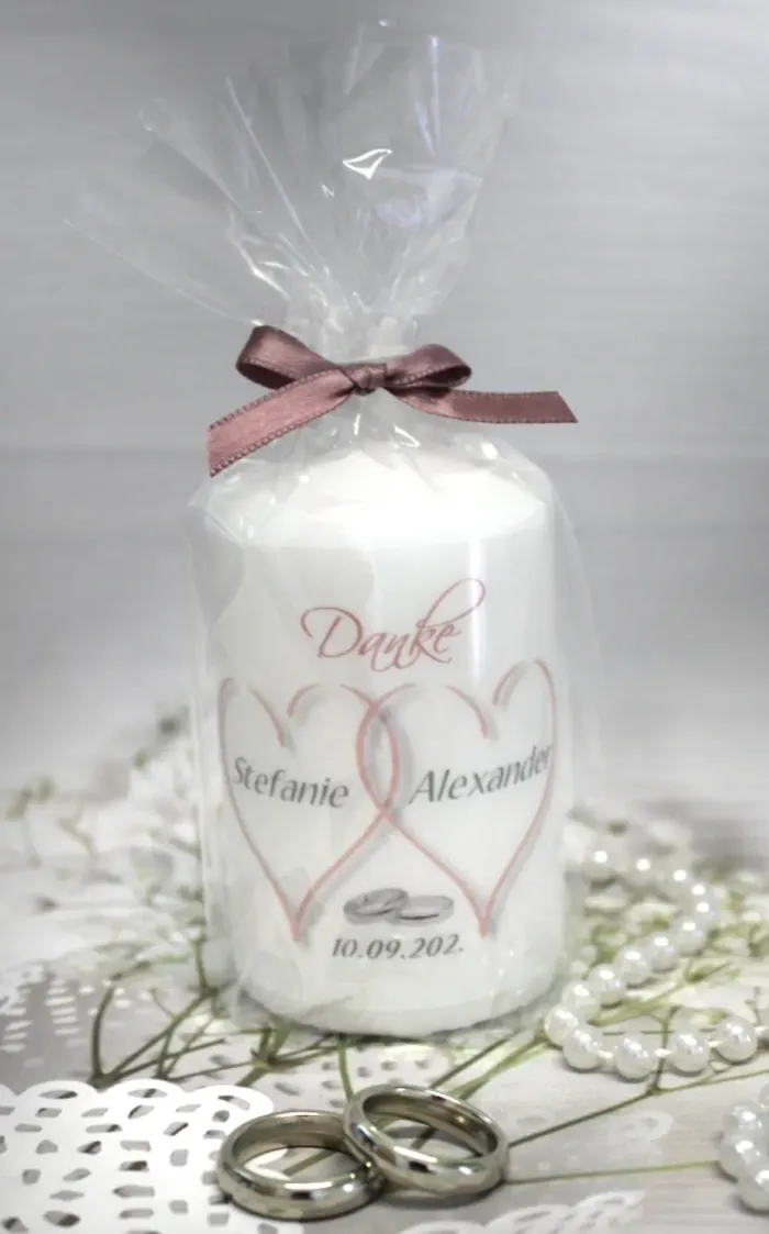 Gastgeschenk Kerze zur Hochzeit "2 Herzen" personalisiert, Design 10001 – Bild 3