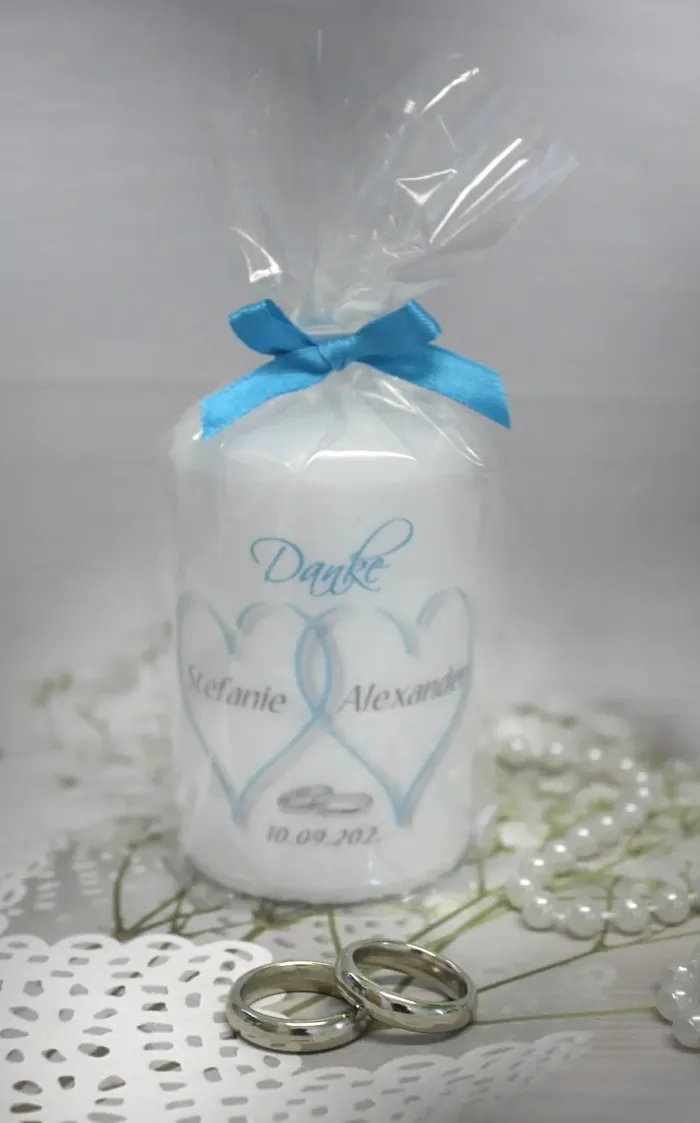 Gastgeschenk Kerze zur Hochzeit "2 Herzen" personalisiert, Design 10001 – Bild 6