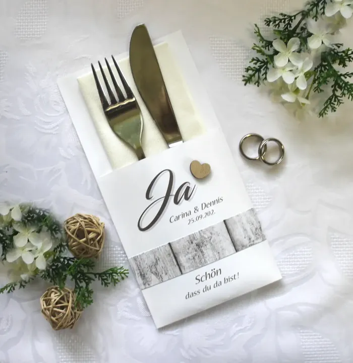 Bestecktasche zur Hochzeit, "Ja" Holzoptik, personalisiert, Design 12036