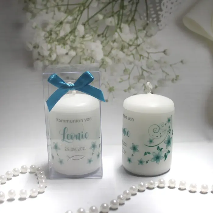 Gastgeschenk Kerze "Blüten" zur Konfirmation, Kommunion oder Taufe, personalisiert Design 301 – Bild 6
