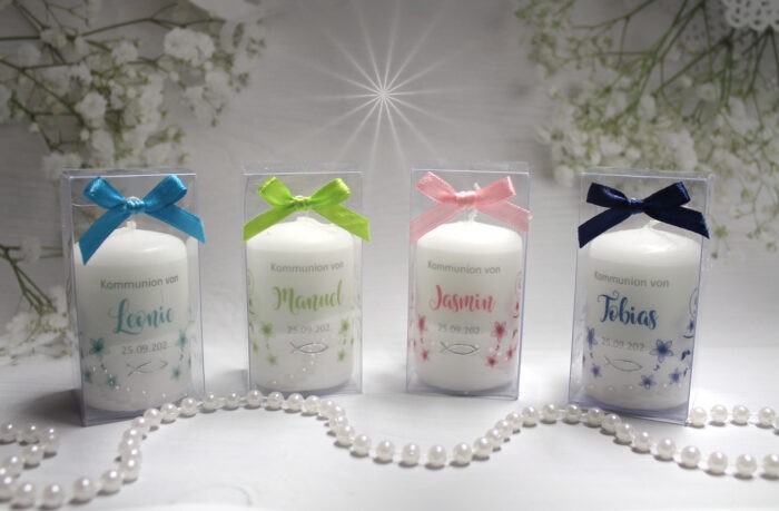 Gastgeschenk Kerze "Blüten" zur Konfirmation, Kommunion oder Taufe, personalisiert Design 301