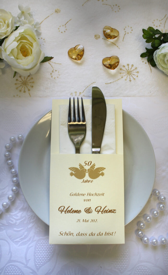 Bestecktasche zur "Goldenen Hochzeit" Taubenpaar, personalisiert, Design 7107