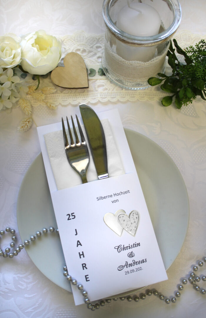 Bestecktasche zur "Silbernen Hochzeit" mit Herzen, personalisiert, Design 7151