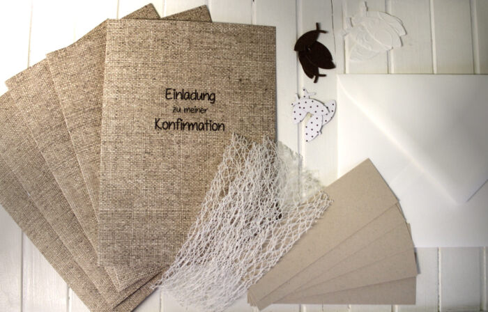 Bastelset DIY Einladung zur Konfirmation-Kommunion-Firmung-Taufe, leinenoptik, hochwertige Qualität incl. Umschlag & Einlegeblatt Design K08 – Bild 2