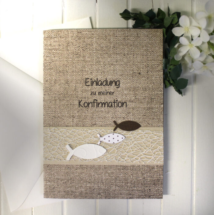 Bastelset DIY Einladung zur Konfirmation-Kommunion-Firmung-Taufe, leinenoptik, hochwertige Qualität incl. Umschlag & Einlegeblatt Design K08