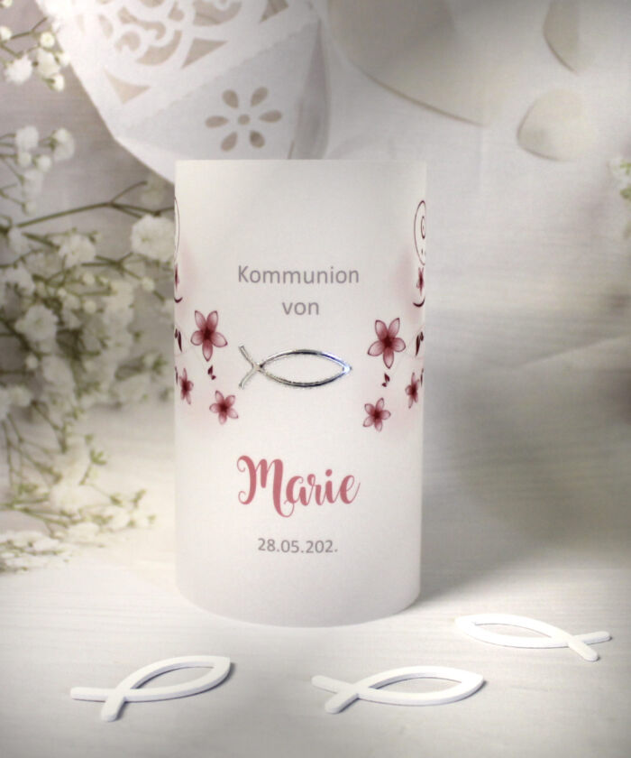 Lichthülle, Windlicht Pergament zur Konfirmation, Kommunion oder Taufe "Blüten" Design 301 – Bild 3