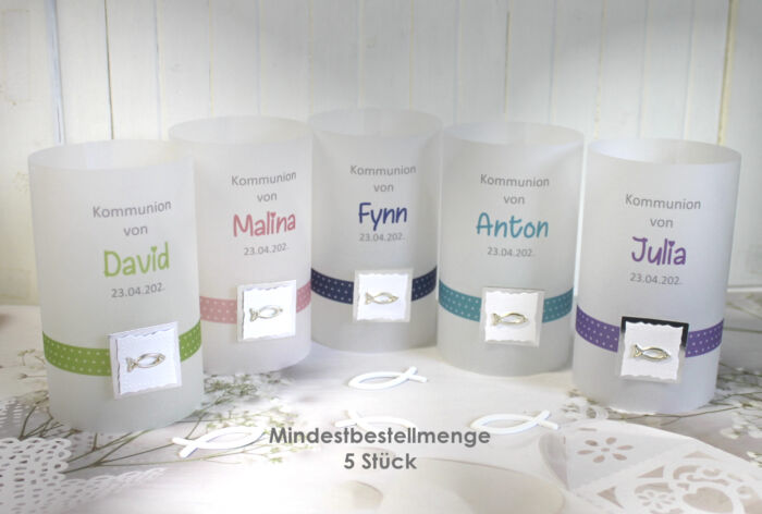 Lichthülle, Windlicht Pergament "Taag Fisch" für Konfirmation,Kommunion oder Taufe, Design304