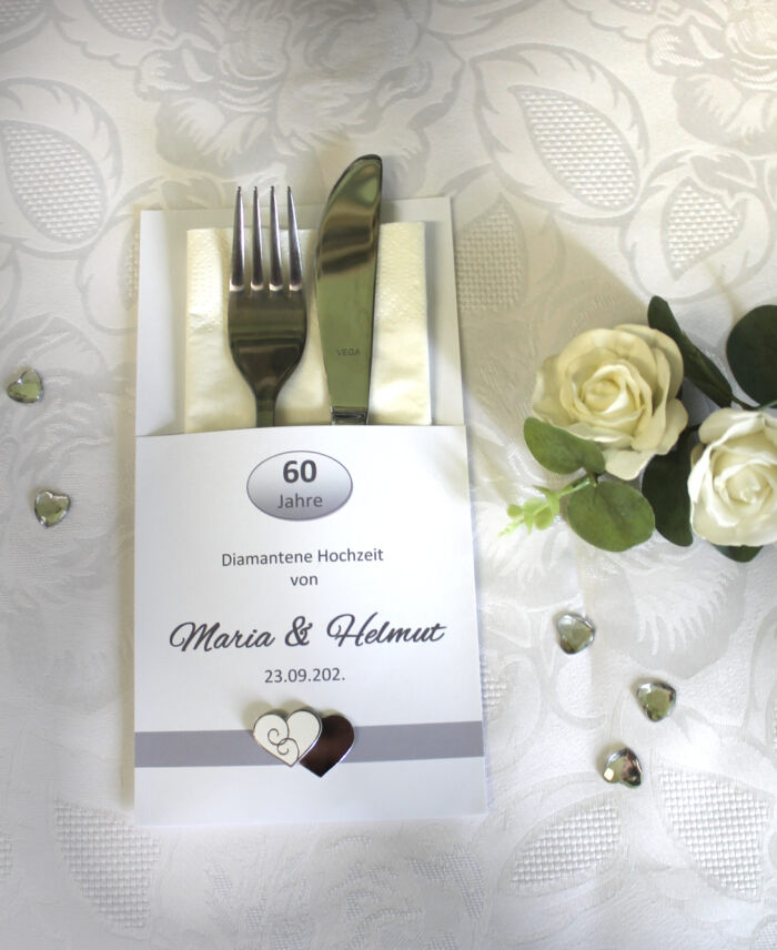 Bestecktasche zur Diamantenen Hochzeit "Herz" personalisiert, Design 7156