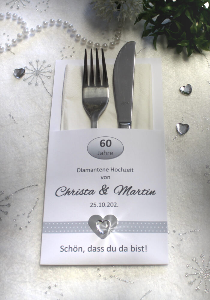 Bestecktasche zur Diamantenen Hochzeit "Herz" personalisiert, Design 7156