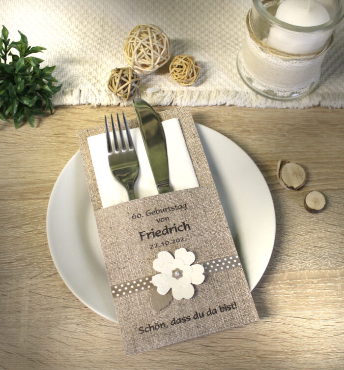 Bestecktasche Leinenoptik zum Geburtstag, rustikal mit Blüte Design 7209