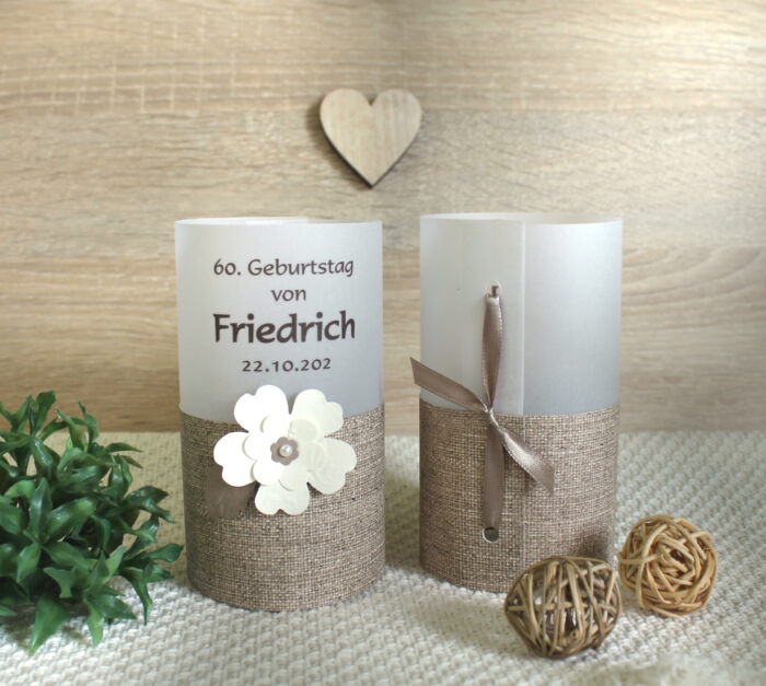 Lichthülle, Windlicht Pergament zum Geburtstag "Leinenoptik Blüte" Design 7209