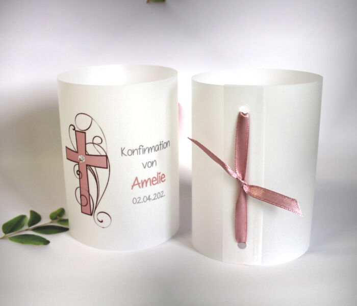 Lichthülle, Windlicht Pergament zur Konfirmation, Kommunion oder Taufe, zum kleinen Preis!! Design 908 Kreuz – Bild 6