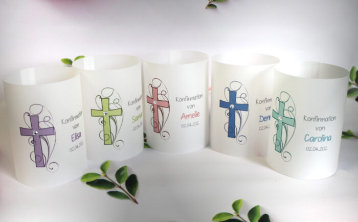 Lichthülle, Windlicht Pergament zur Konfirmation, Kommunion oder Taufe, zum kleinen Preis!! Design 908 Kreuz