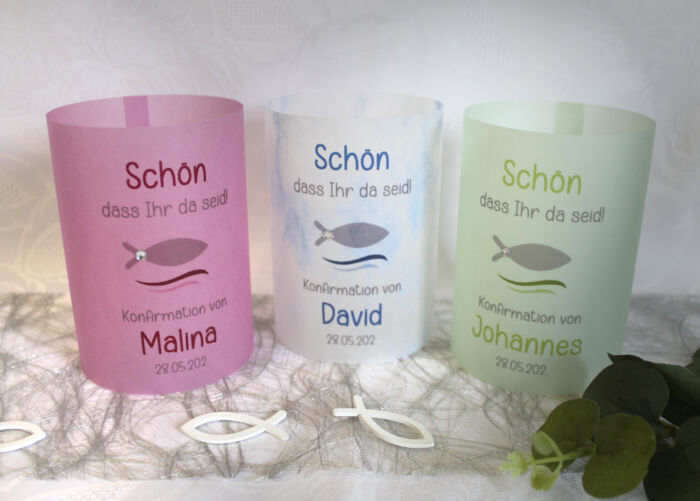 5x Lichthülle farbig, Windlicht Pergament, zur Konfirmation, Kommunion oder Taufe zum kleinen Preis!! Design 909 mit Strassstein
