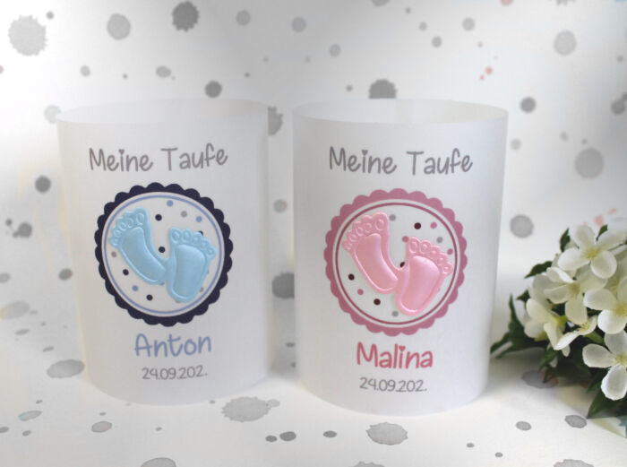 Lichthülle, Windlicht Pergament zur Taufe "Satinfüße" zum kleinen Preis!! Design 924