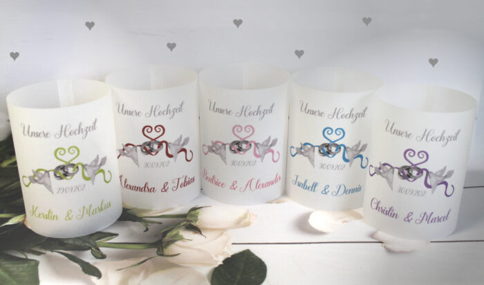 Lichthülle, Windlicht Pergament zur Hochzeit zum kleinen Preis!! Design 931, Tauben mit Herz