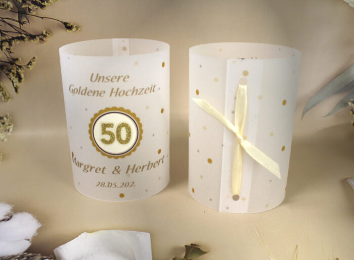 Lichthülle, Windlicht Pergament zur Goldenen Hochzeit, zum kleinen Preis!! Design 954 Zahl 50