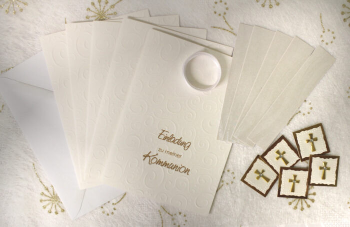 Bastelset DIY Einladung zur Konfirmation-Kommunion-Firmung-Taufe, gold Kreuz hochwertige Qualität incl. Umschlag & Einlegeblatt Design K14 – Bild 3
