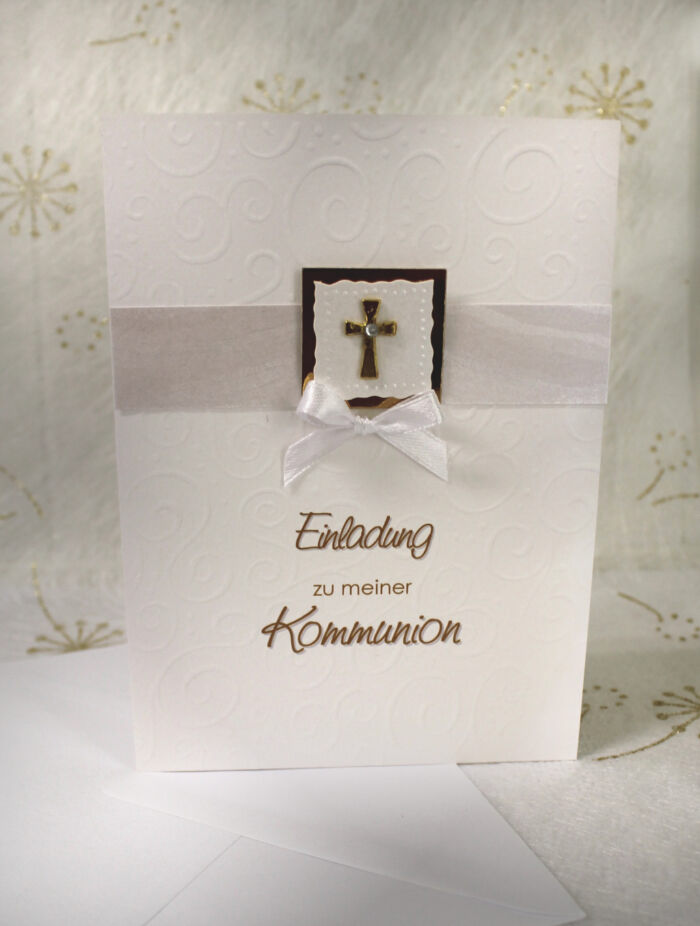 Bastelset DIY Einladung zur Konfirmation-Kommunion-Firmung-Taufe, gold Kreuz hochwertige Qualität incl. Umschlag & Einlegeblatt Design K14