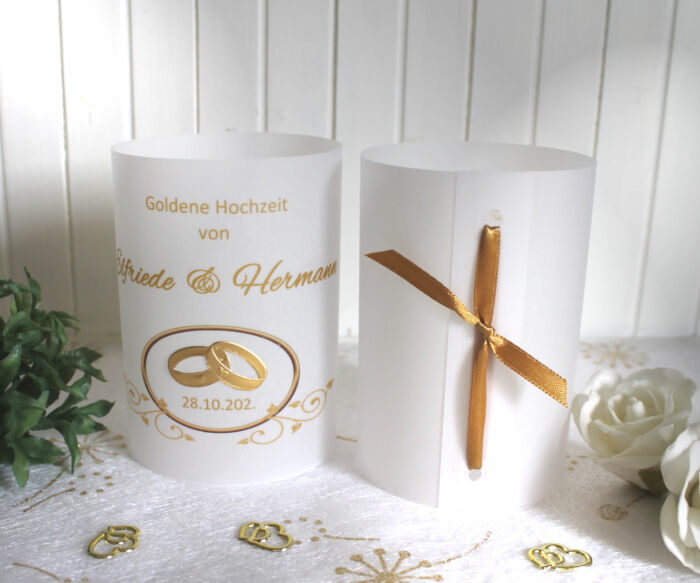 Lichthülle, Windlicht Pergament zur Goldenen Hochzeit, zum kleinen Preis!! Design 950 Ringe