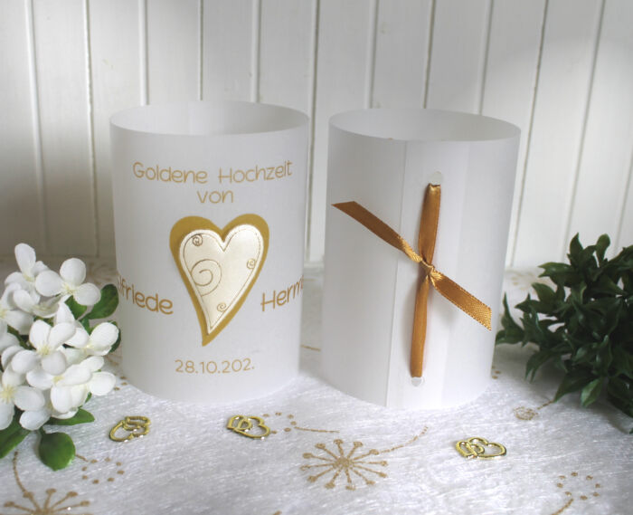 Lichthülle, Windlicht Pergament zur Goldenen Hochzeit, zum kleinen Preis!! Design 951 Satinherz mit goldenen Kringeln