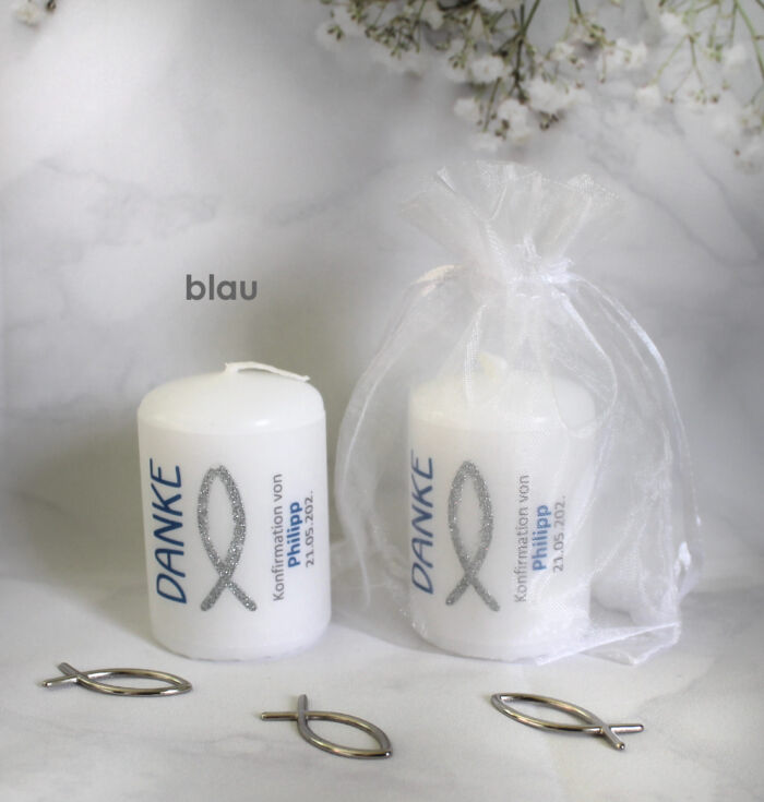 Gastgeschenk Kerze "DANKE" mit Glitterfisch zur Konfirmation, Kommunion oder Taufe, im Organzasäckchen, zum kleinen Preis! Design 315 – Bild 6