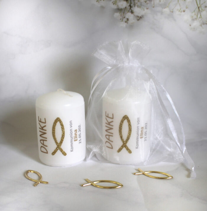 Gastgeschenk Kerze "DANKE GOLD" mit Glitterfisch zur Konfirmation, Kommunion oder Taufe, im Organzasäckchen, zum kleinen Preis! Design 315