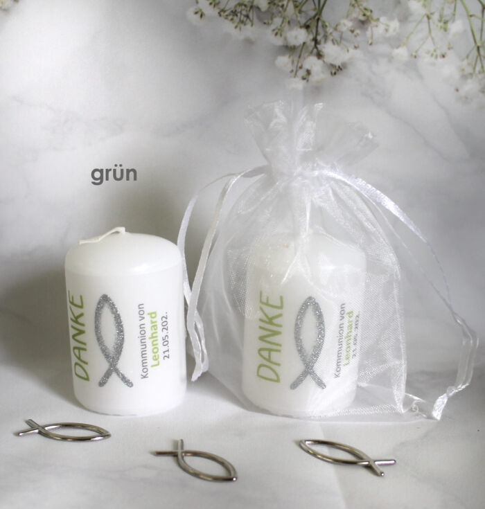 Gastgeschenk Kerze "DANKE" mit Glitterfisch zur Konfirmation, Kommunion oder Taufe, im Organzasäckchen, zum kleinen Preis! Design 315 – Bild 5