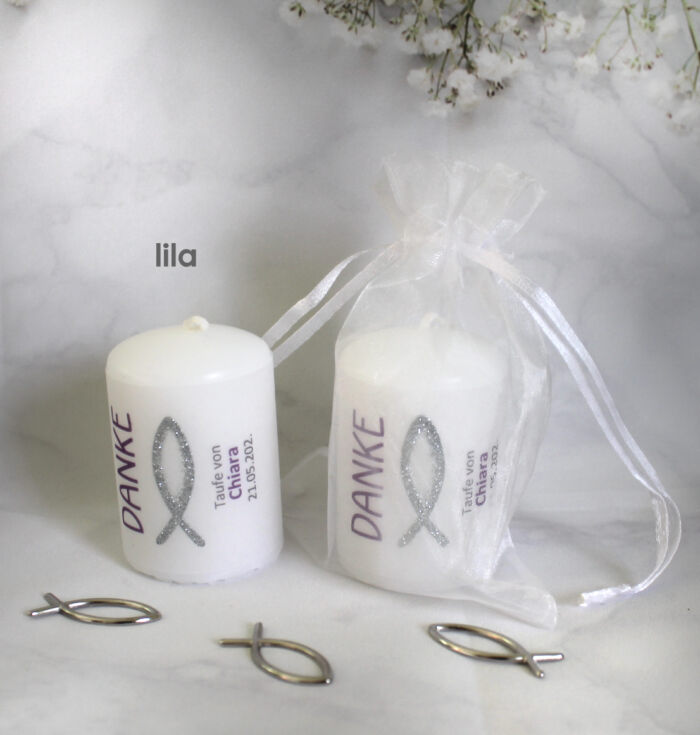 Gastgeschenk Kerze "DANKE" mit Glitterfisch zur Konfirmation, Kommunion oder Taufe, im Organzasäckchen, zum kleinen Preis! Design 315 – Bild 4
