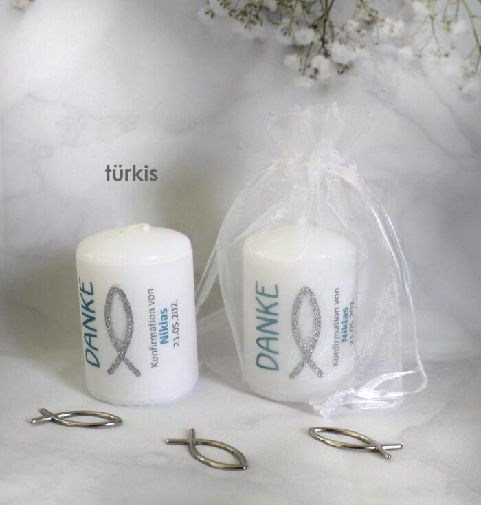 Gastgeschenk Kerze "DANKE" mit Glitterfisch zur Konfirmation, Kommunion oder Taufe, im Organzasäckchen, zum kleinen Preis! Design 315 – Bild 2