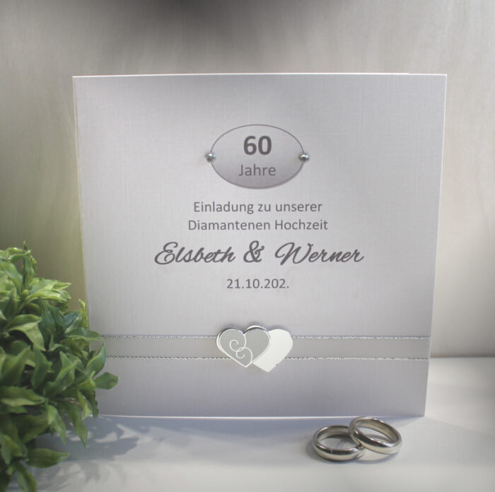Einladung zur Diamantenen Hochzeit "Herz" aus edlem perlmut Karton incl. Personalisierung, Einlegeblatt & Umschlag Design 12823