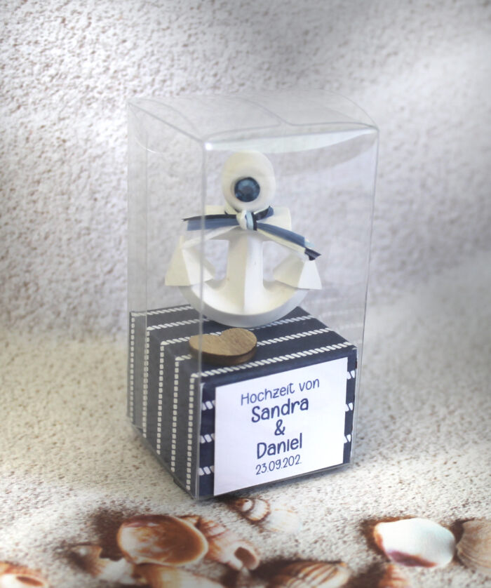 Gastgeschenk zur Hochzeit "Anker Maritim" personalisiert, in der edlen Geschenkschachtel ein Must have für jede Hochzeit im Maritimen Stil