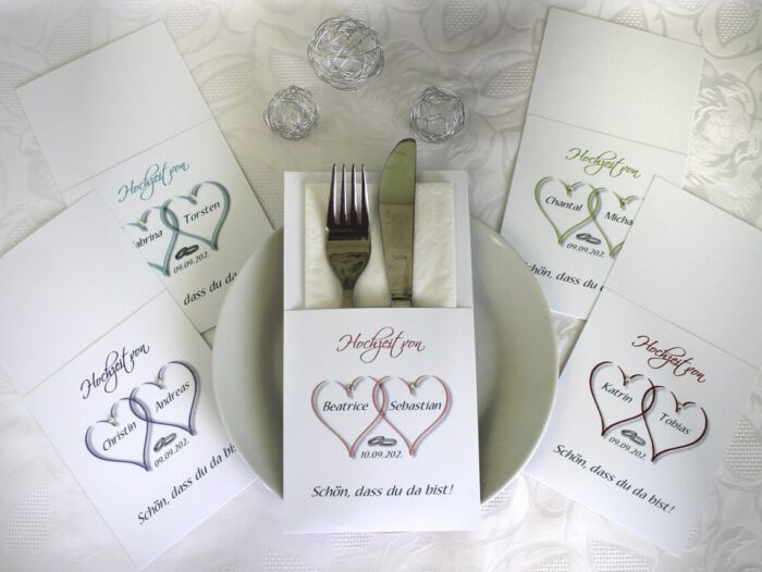 Bestecktasche zur Hochzeit "2 Herzen" personalisiert, Design 10001 wahlweise in 5 Farben: türkis-altrosa-grün-lila-bordeauxrot