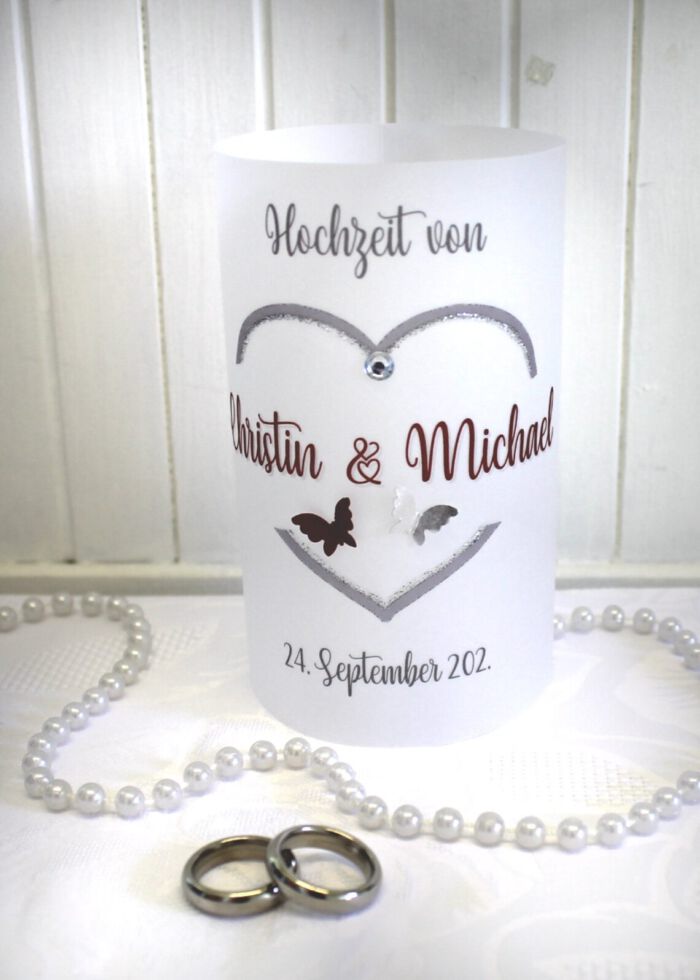 Lichthülle, Windlicht Pergament "Herz mit Schmetterlingen" zur Hochzeit Design 10002 – Bild 7