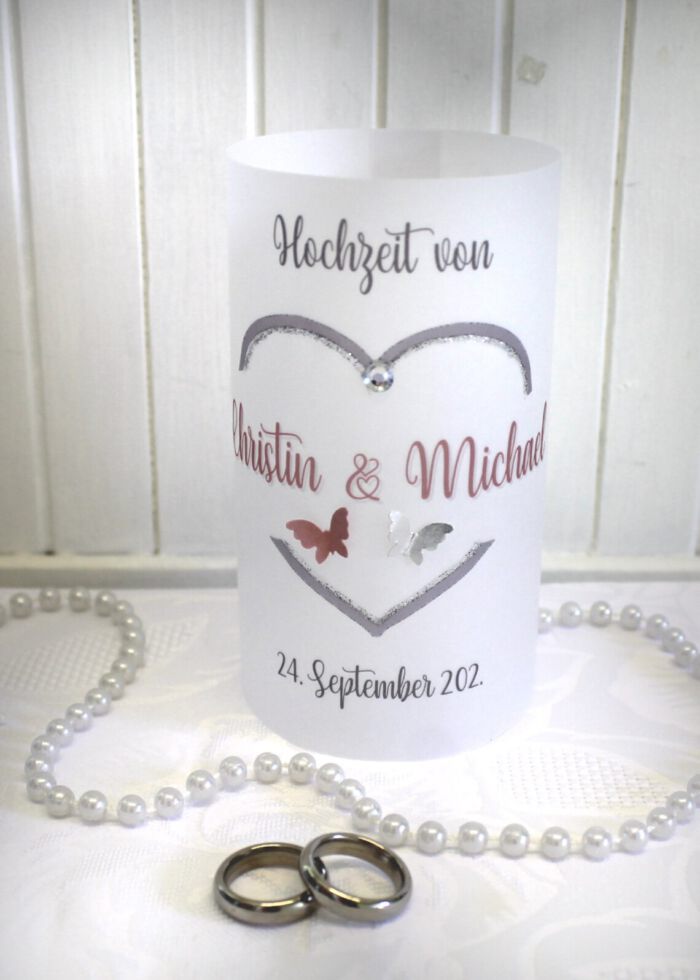 Lichthülle, Windlicht Pergament "Herz mit Schmetterlingen" zur Hochzeit Design 10002 – Bild 6