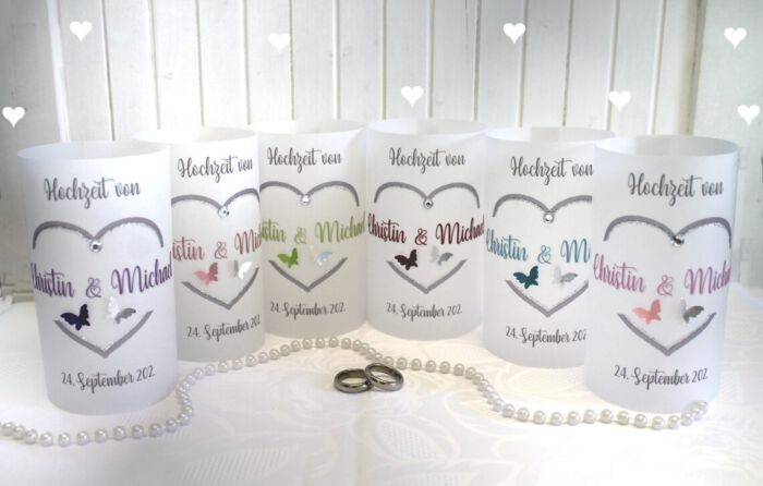 Lichthülle, Windlicht Pergament "Herz mit Schmetterlingen" zur Hochzeit Design 10002