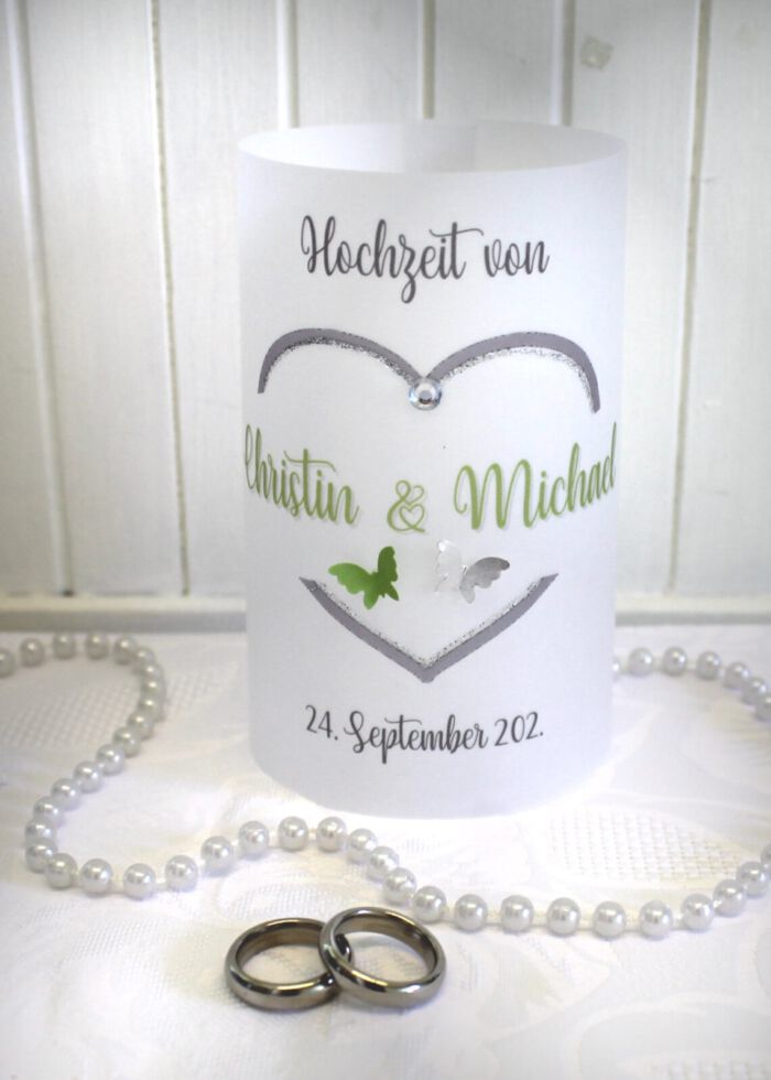 Lichthülle, Windlicht Pergament "Herz mit Schmetterlingen" zur Hochzeit Design 10002 – Bild 5