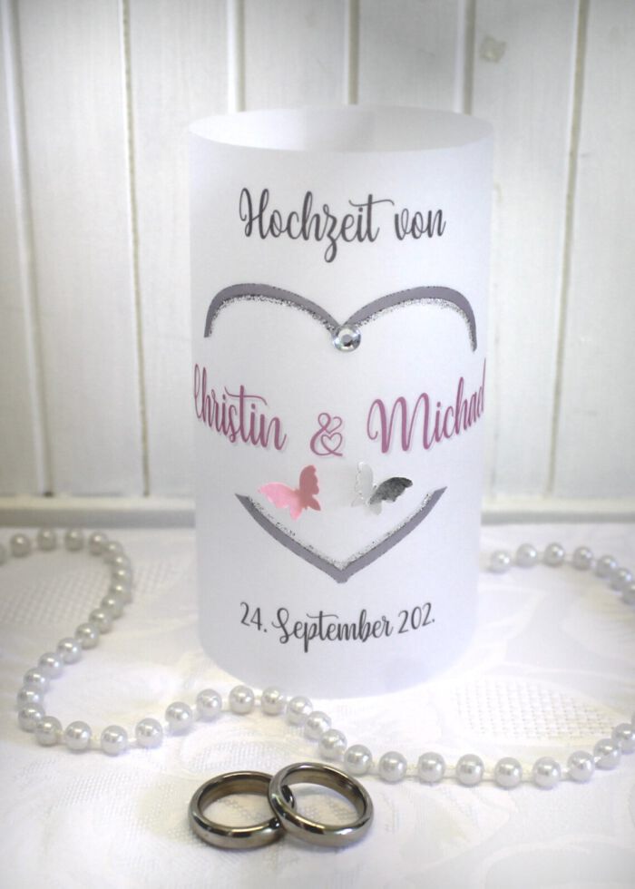 Lichthülle, Windlicht Pergament "Herz mit Schmetterlingen" zur Hochzeit Design 10002 – Bild 3