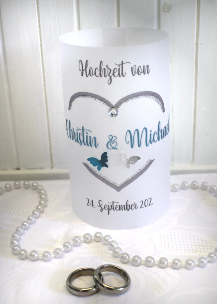 Lichthülle, Windlicht Pergament "Herz mit Schmetterlingen" zur Hochzeit Design 10002 – Bild 2