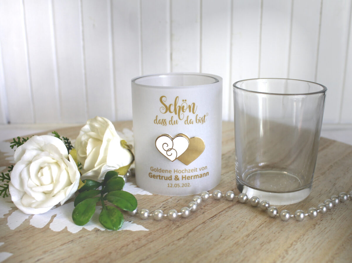 Windlicht Pergament zur Goldenen Hochzeit incl. Glas als Gastgeschenk