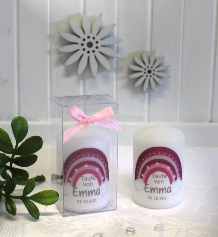 Gastgeschenk Kerze zur Taufe "Regenbogen" in 4 Farben incl. Namen und Datum, Design 210 – Bild 4