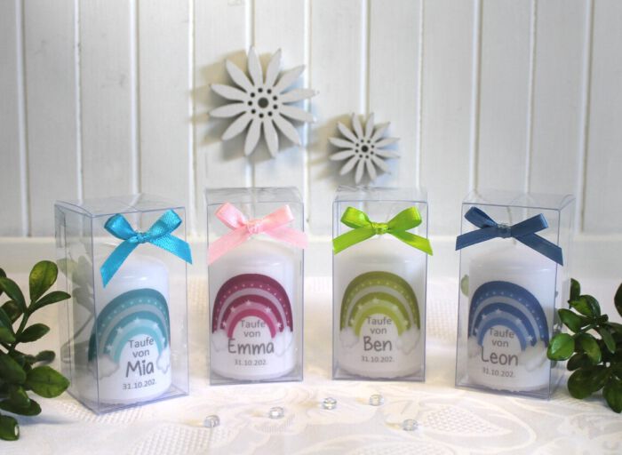 Gastgeschenk Kerze zur Taufe "Regenbogen" in 4 Farben incl. Namen und Datum, Design 210