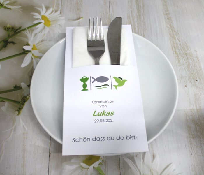 Bestecktasche zur Konfirmation, Kommunion oder Taufe "3 Motive" personalisiert, Design 314 in grün-blau-türkis-rosa oder lila – Bild 6