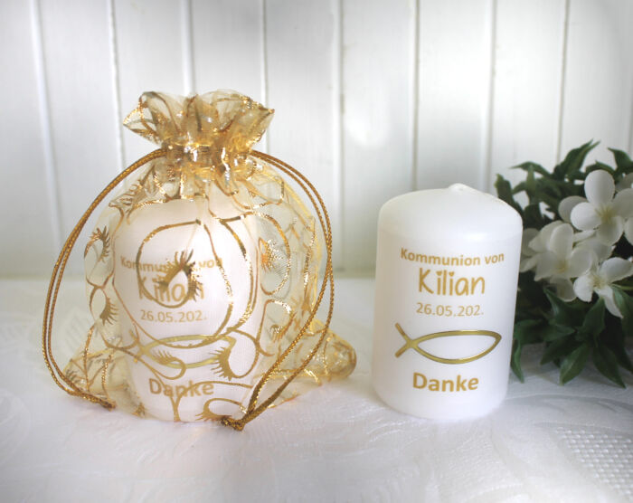 Gastgeschenk Kerze "Fisch gold" zur Konfirmation, Kommunion oder Taufe, im goldenen Organzasäckchen, zum kleinen Preis! Design 316