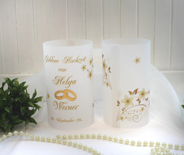 Lichthülle, Windlicht Pergament "Zur goldenen Hochzeit" mit Ringen Design 402
