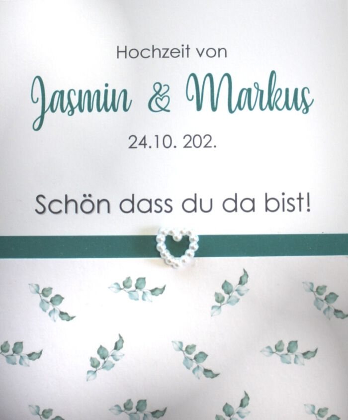 Bestecktasche weiss-grün zur "Hochzeit" mit Blättern und Perlmuttherz, Design 407 – Bild 2