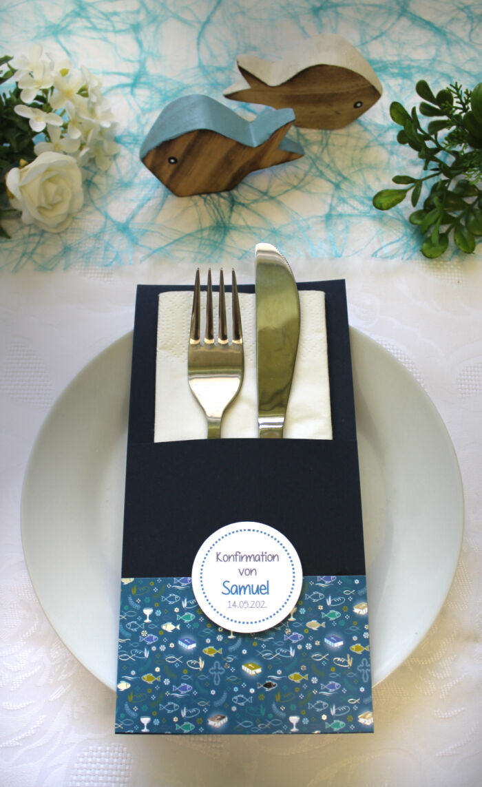 Bestecktasche zur Konfirmation - Kommunion oder Taufe " blau-türkis, sehr elegant Design 5008