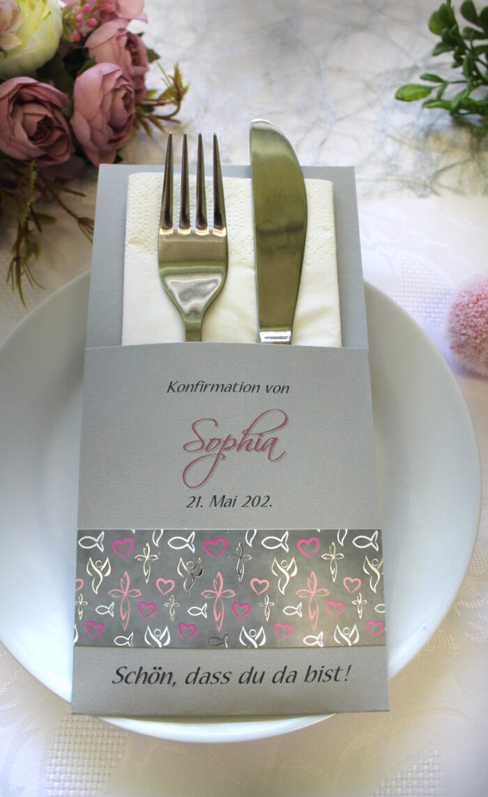 Bestecktasche zur Konfirmation – Kommunion oder Taufe “ blau oder rosa, sehr elegant Design 5009 – Bild 2