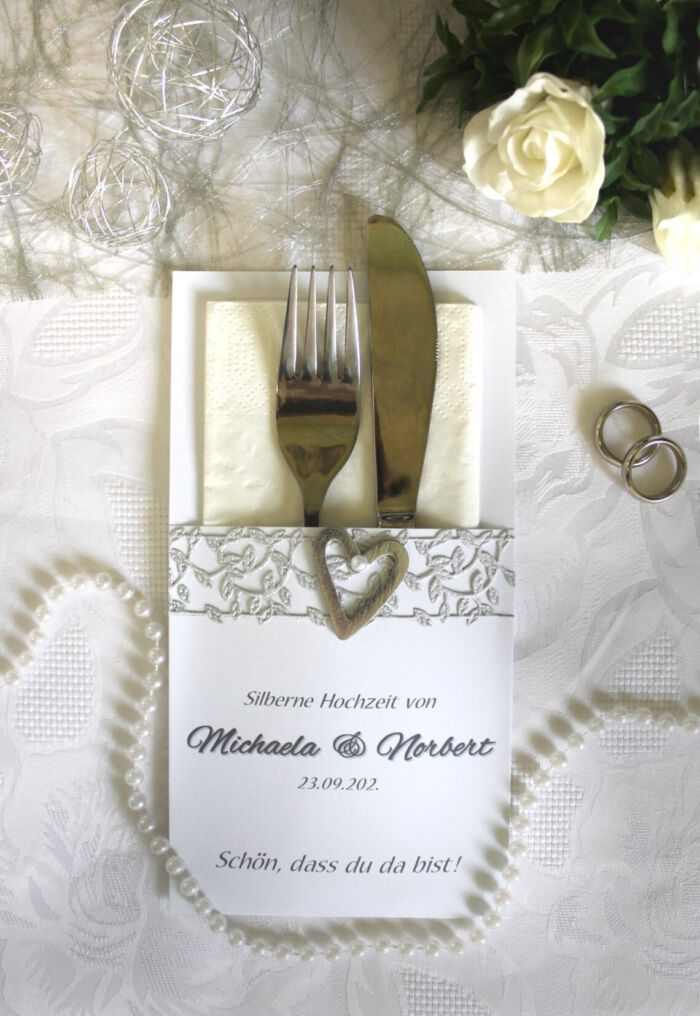Bestecktasche zur "Silbernen Hochzeit" personalisiert, Design 7153